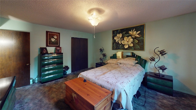 130 Dickey St, Bronson, TX 75930 - bedroom with dark colored carpet, a closet, and a textured ceiling