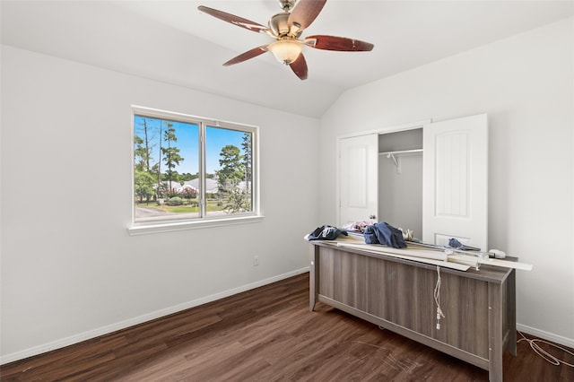 bedroom featuring lofted ceiling, dark hardwood / wood-style flooring, ceiling fan, and a closet