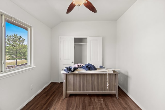 bedroom with dark wood-type flooring, ceiling fan, a closet, and vaulted ceiling