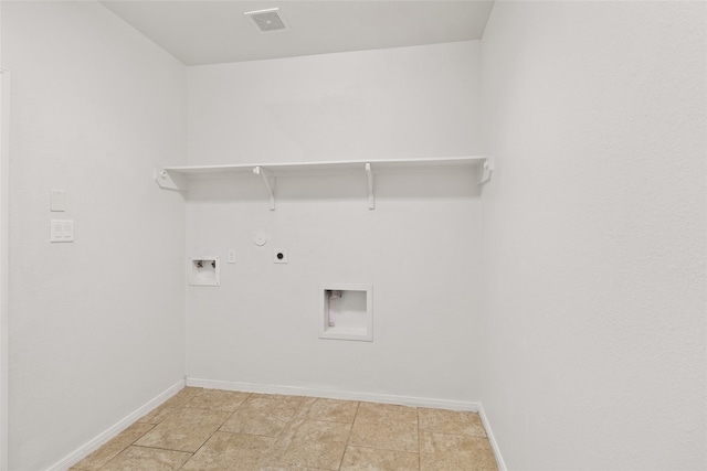 clothes washing area with hookup for a gas dryer, hookup for a washing machine, hookup for an electric dryer, and light tile patterned flooring