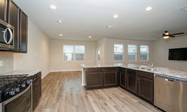 kitchen with a healthy amount of sunlight, stainless steel appliances, light wood-type flooring, and ceiling fan