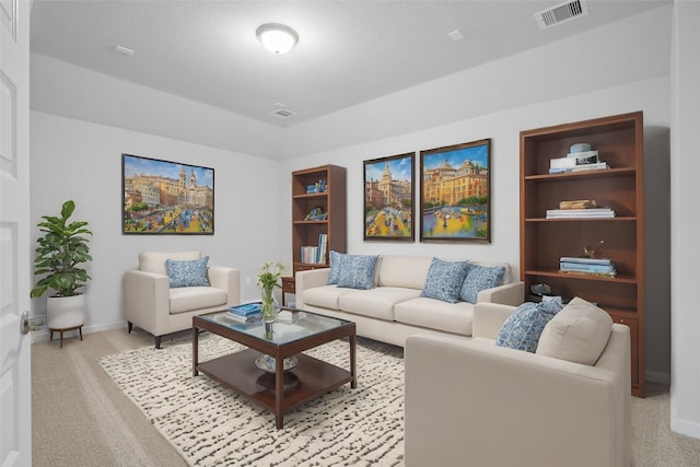 living room with light colored carpet