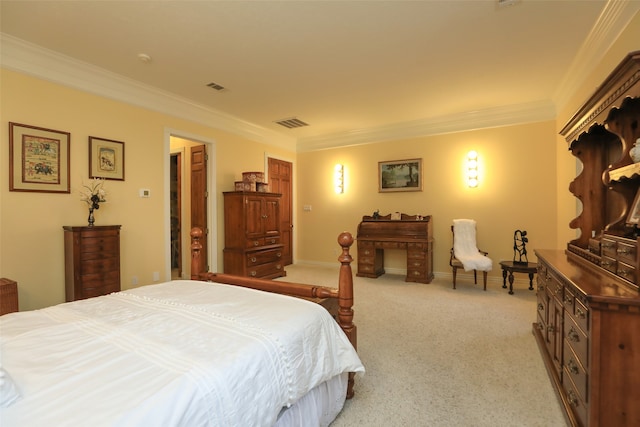 carpeted bedroom featuring crown molding