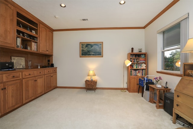 interior space featuring light colored carpet and ornamental molding