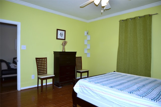 bedroom featuring ornamental molding, ceiling fan, and dark hardwood / wood-style floors