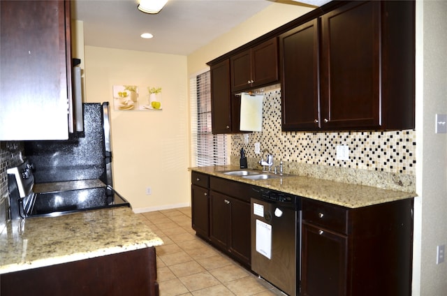 kitchen with black appliances, light stone counters, sink, decorative backsplash, and light tile patterned flooring