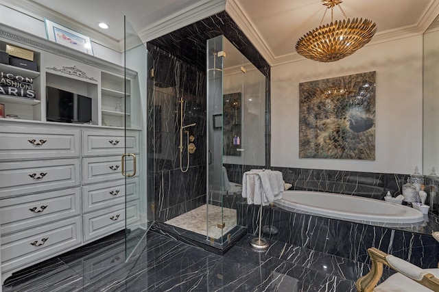 full bath featuring a stall shower, marble finish floor, a bath, and crown molding