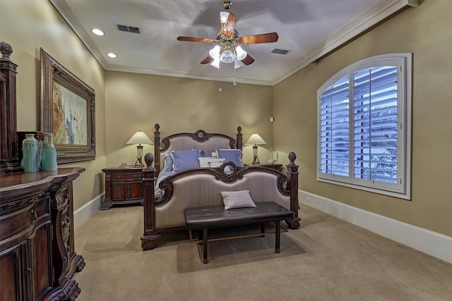 bedroom with visible vents, light carpet, and crown molding