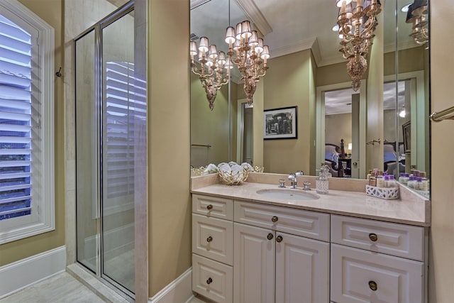 bathroom featuring crown molding, vanity, tile patterned floors, and walk in shower