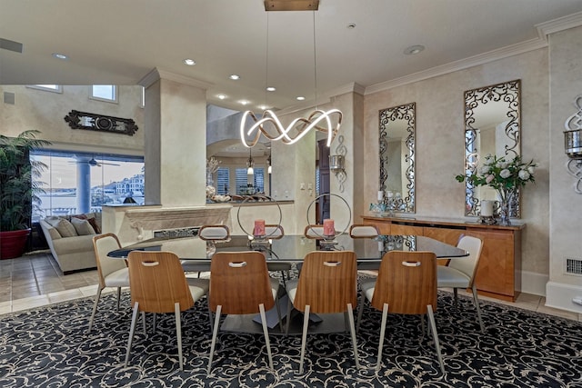 dining space with tile patterned floors, visible vents, recessed lighting, and ornamental molding