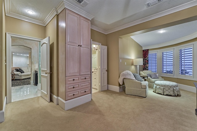 living area with visible vents, baseboards, light colored carpet, and ornamental molding