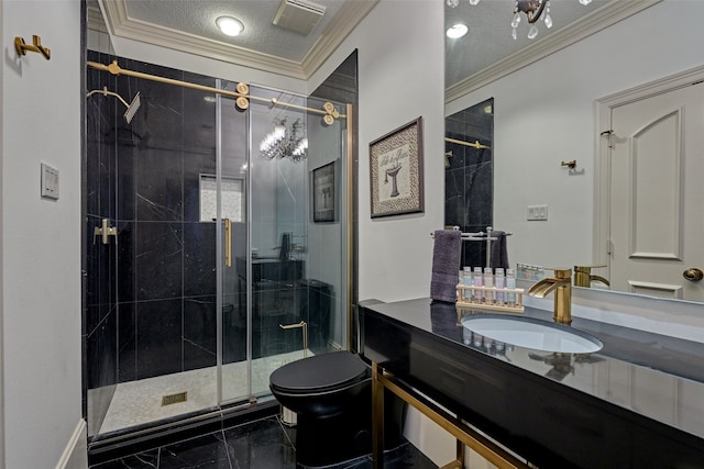 full bathroom with vanity, a shower stall, a textured ceiling, crown molding, and toilet