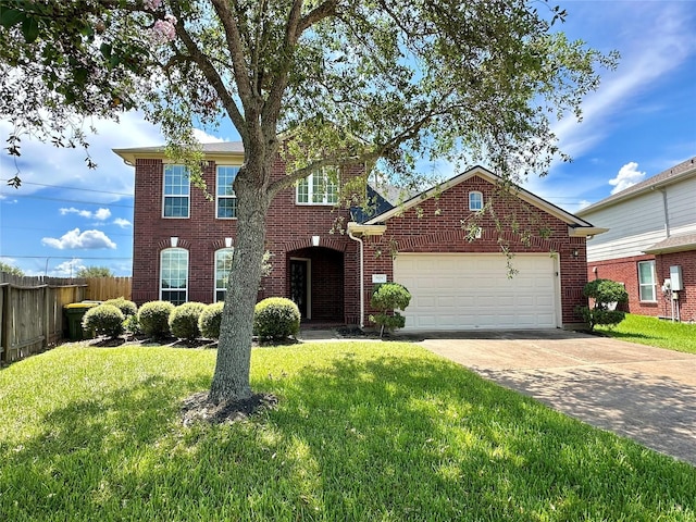 view of front of home with brick siding, an attached garage, concrete driveway, and fence