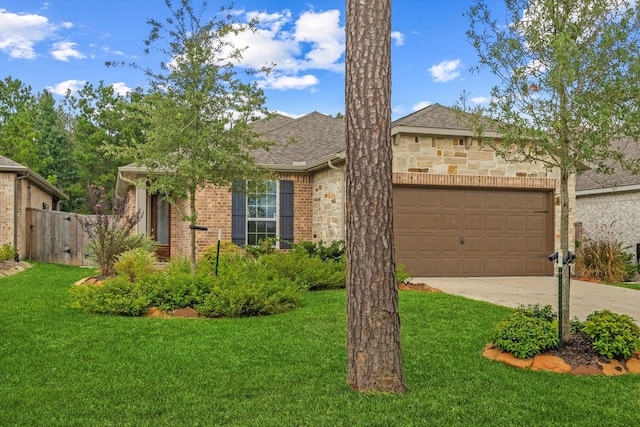 single story home featuring a garage and a front yard