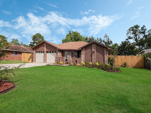 ranch-style home with a garage and a front yard