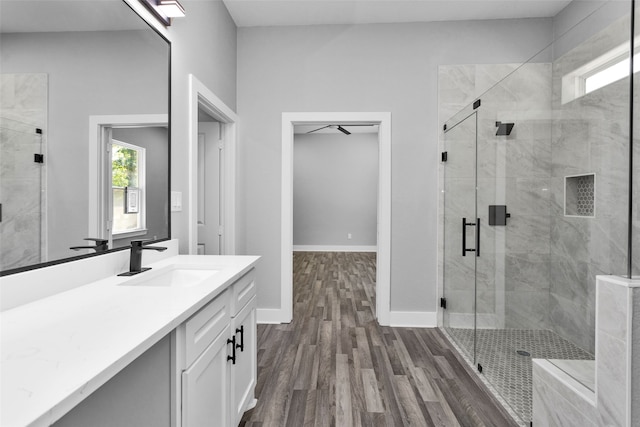 bathroom featuring vanity, wood-type flooring, and a shower with door