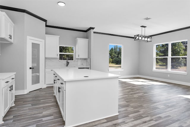 kitchen with decorative light fixtures, wood-type flooring, plenty of natural light, and decorative backsplash