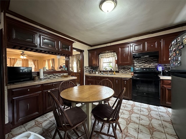 kitchen with ceiling fan, electric range, and dark brown cabinetry