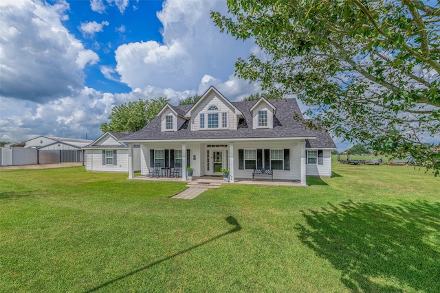 back of house featuring covered porch and a lawn