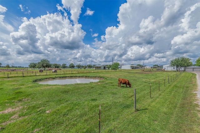 view of yard featuring a water view and a rural view