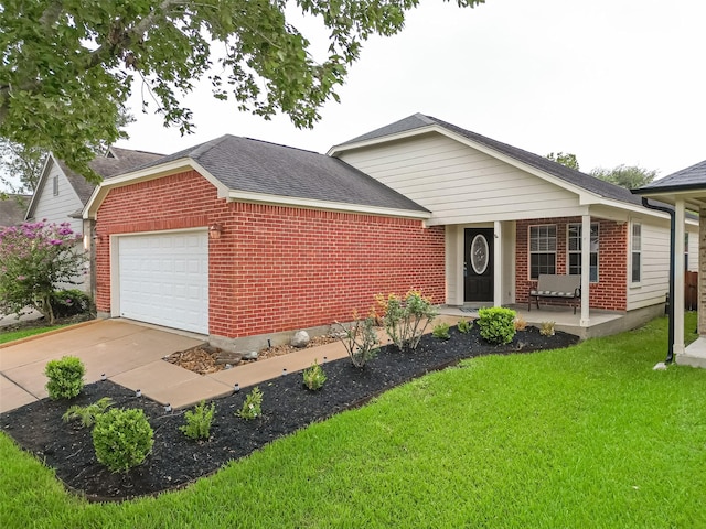 ranch-style house featuring concrete driveway, roof with shingles, an attached garage, a front lawn, and brick siding