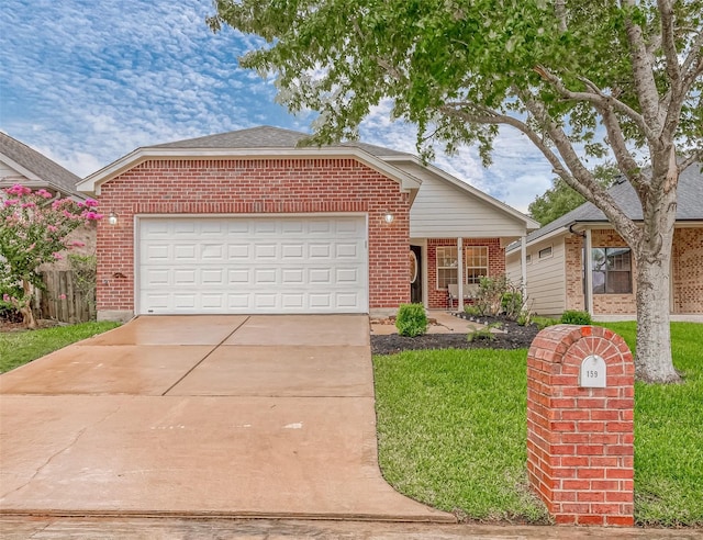 ranch-style home with a garage, driveway, and brick siding