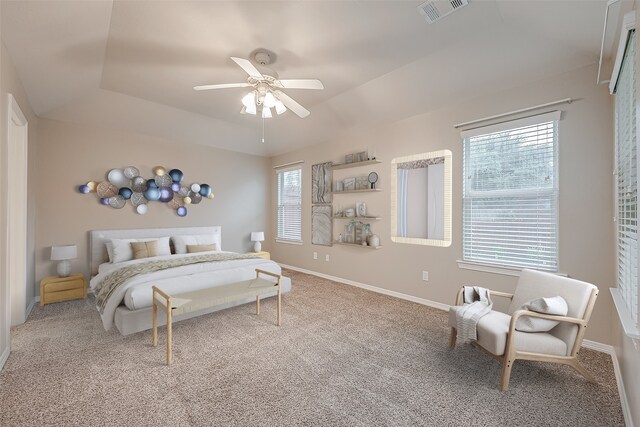 bedroom with a ceiling fan, carpet, visible vents, and baseboards