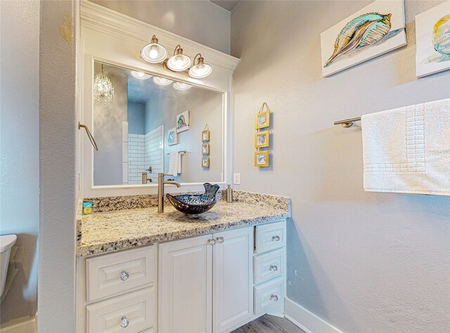 bathroom with wood-type flooring, vanity, and toilet