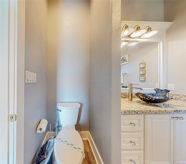 bathroom featuring wood-type flooring, vanity, and toilet