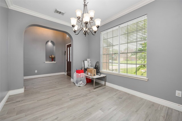 game room with a chandelier, light hardwood / wood-style floors, and ornamental molding