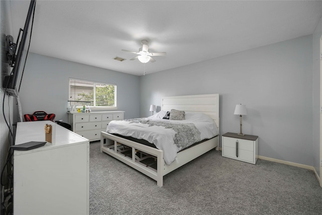 bedroom with ceiling fan and carpet floors