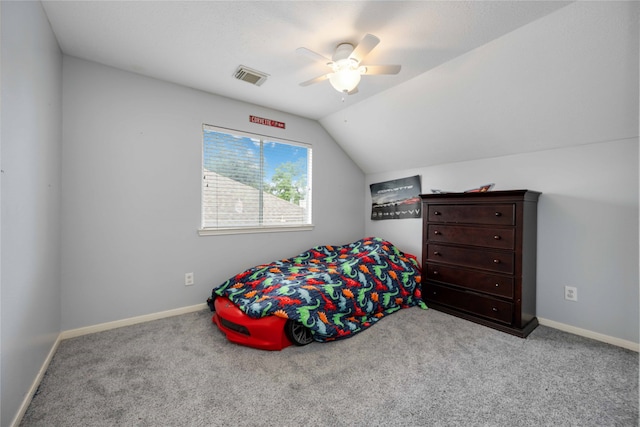 carpeted bedroom with lofted ceiling and ceiling fan