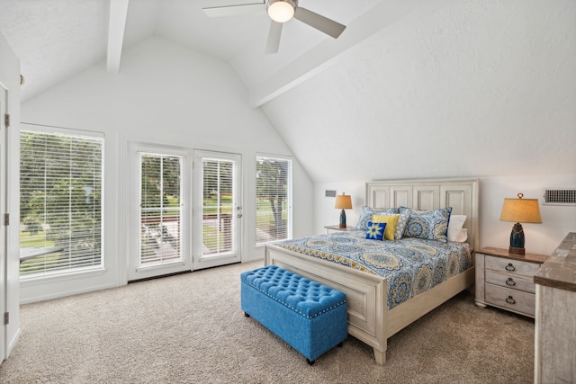 bedroom with carpet, ceiling fan, vaulted ceiling with beams, and access to outside