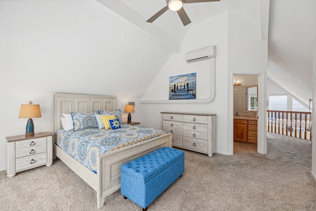 carpeted bedroom with lofted ceiling, an AC wall unit, ensuite bathroom, and ceiling fan