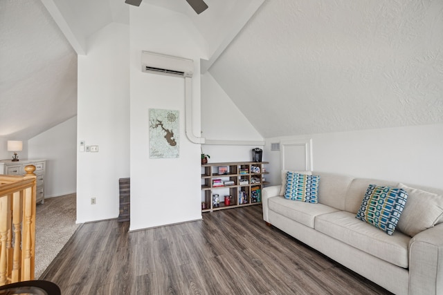 living room with a wall mounted AC, vaulted ceiling, ceiling fan, and dark hardwood / wood-style floors