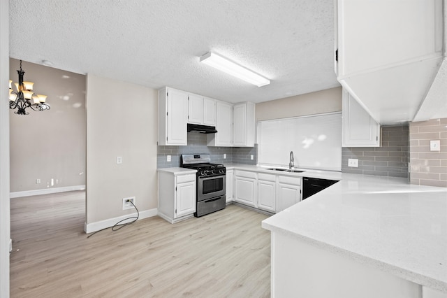 kitchen featuring white cabinets, kitchen peninsula, stainless steel gas range oven, and sink