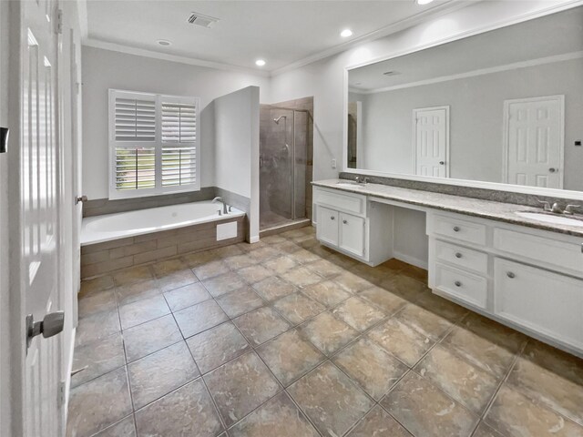 bathroom featuring separate shower and tub, crown molding, and vanity