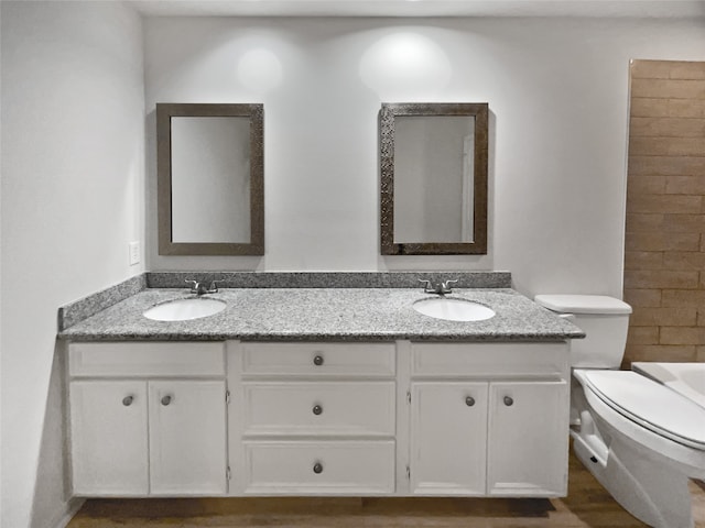 bathroom with vanity, toilet, and wood-type flooring