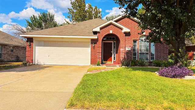 view of front of property featuring a garage and a front lawn