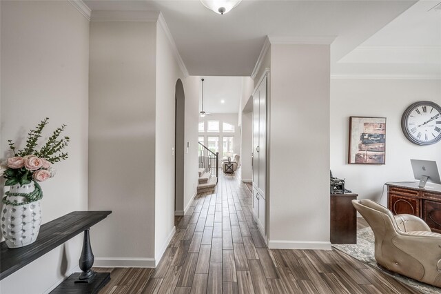 hall featuring dark hardwood / wood-style floors and ornamental molding