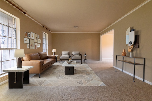 carpeted living room with crown molding