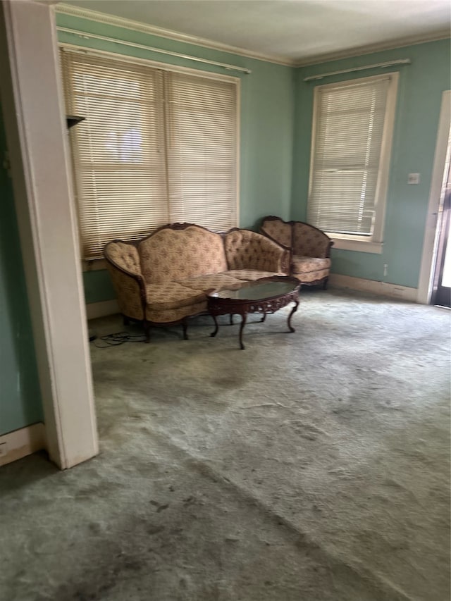 living area featuring a wealth of natural light, crown molding, and carpet