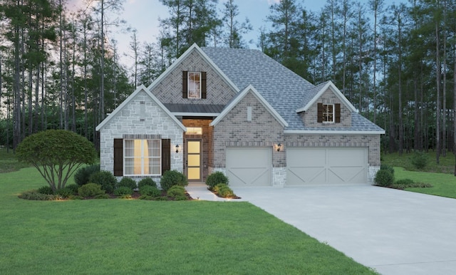 view of front of property with a front lawn and a garage