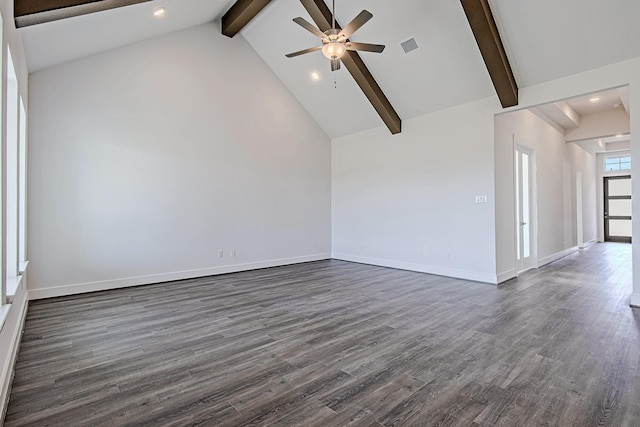 unfurnished living room featuring beam ceiling, ceiling fan, dark hardwood / wood-style floors, and high vaulted ceiling