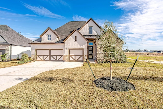 view of front of property featuring a front lawn and a garage