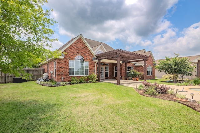 front facade with a pergola, a patio area, and a front lawn