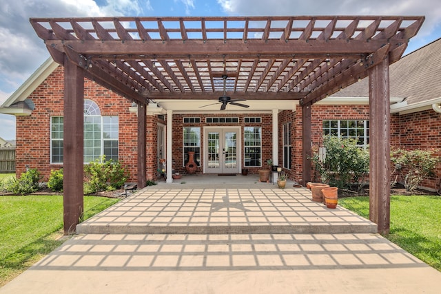 view of patio / terrace with french doors, ceiling fan, and a pergola