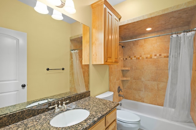 full bathroom with vanity, toilet, and shower / bathtub combination with curtain