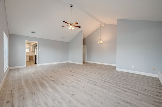 unfurnished living room featuring ceiling fan, high vaulted ceiling, and light hardwood / wood-style floors