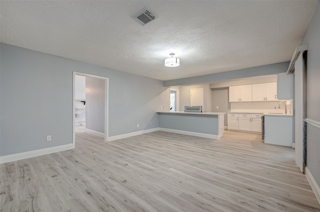 unfurnished living room featuring a textured ceiling, light hardwood / wood-style flooring, and sink